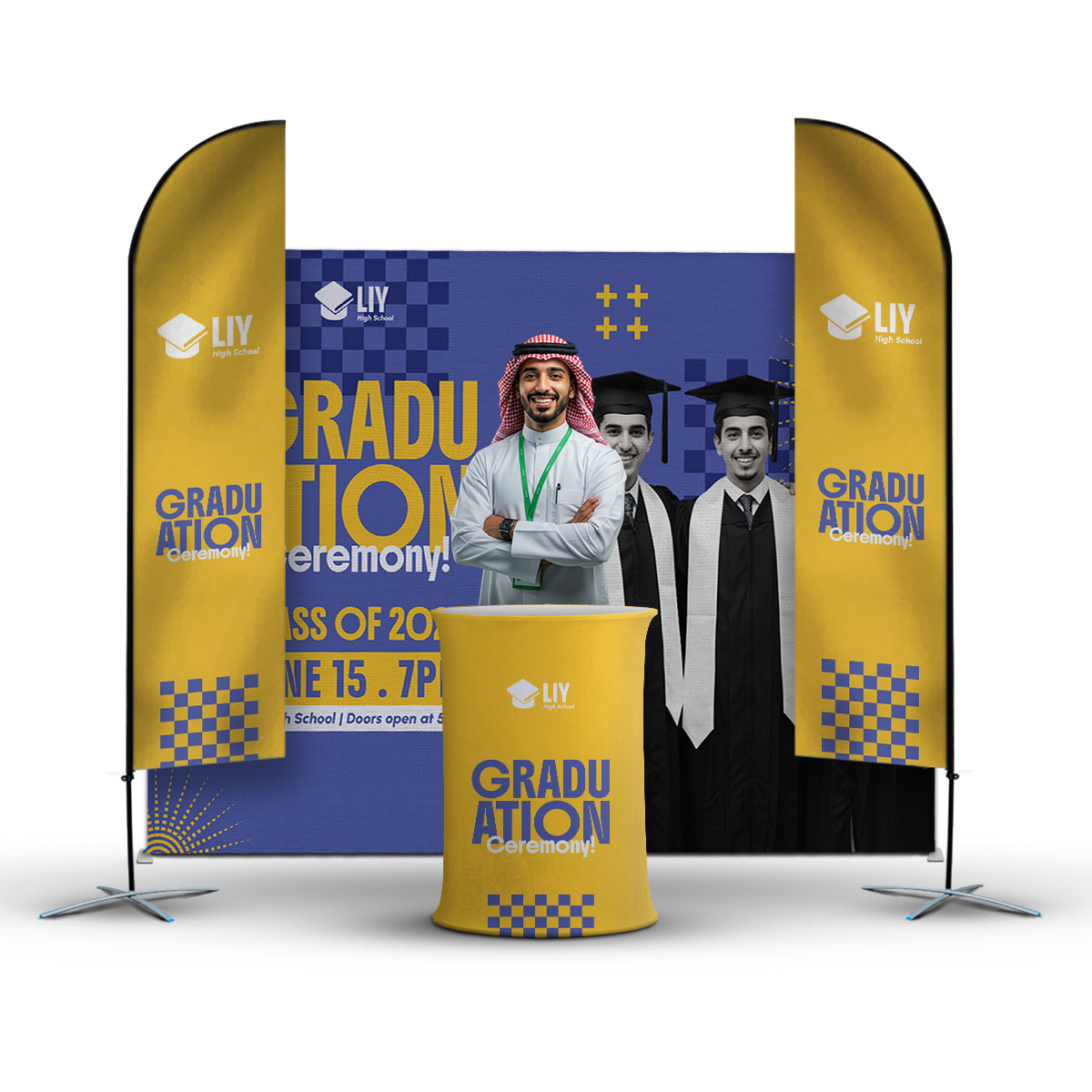 بكج تجهيزات المعارض (بوب اب + طاولة عرض + 2 علم ريشة)